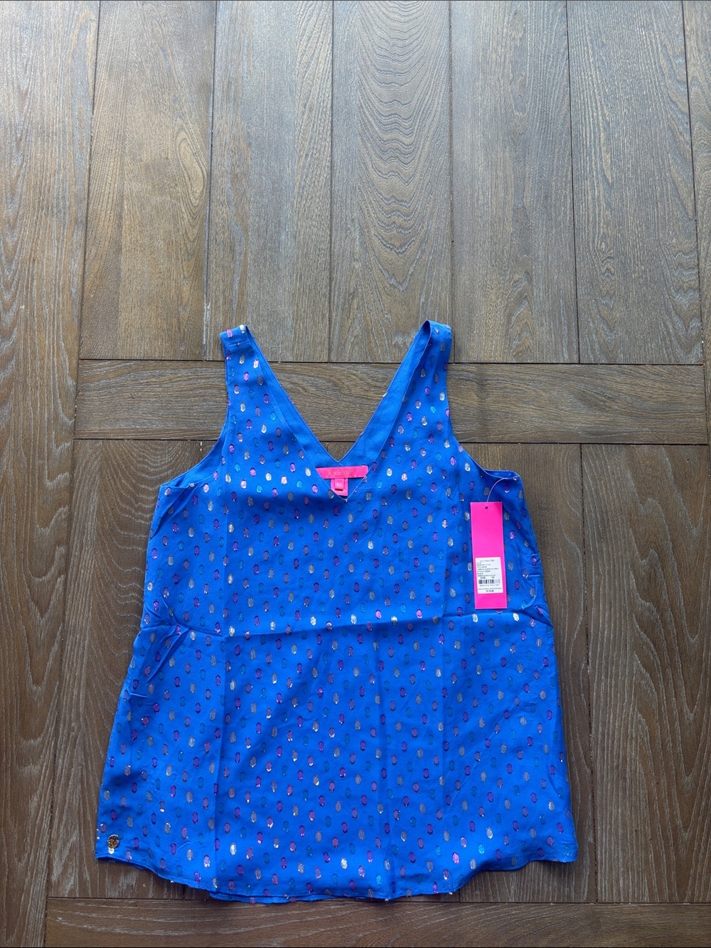 Lilly Pulitzer Blue Sleeveless V-Neck Tank with Pink Metallic Dots